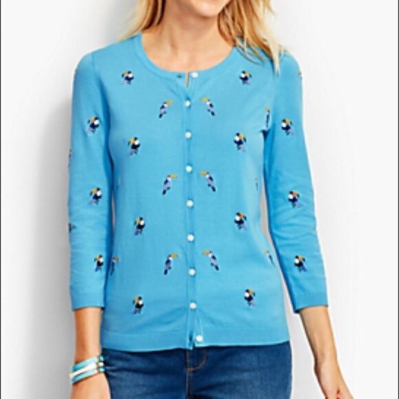 Talbots Toucan Embroidered Blue Cardigan Petite - Picture 1 of 7